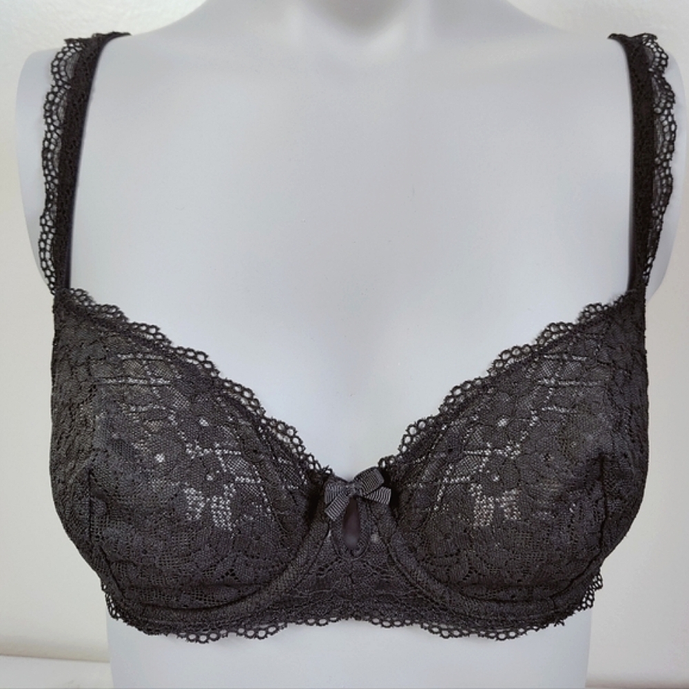 Gilligan & O'Malley Black Lace Unlined Balconette Bra, Sz 36B